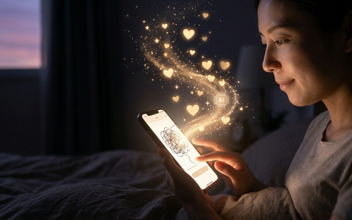 暗い部屋で優しく光るスマートフォンの画面と、そこから立ち上る温かい光の粒子。