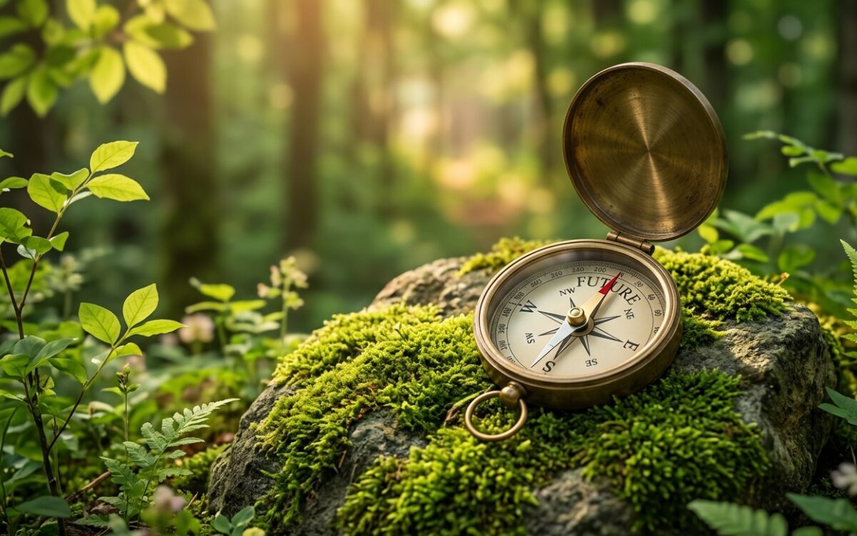 木漏れ日が差し込む森の中で、古いコンパス（羅針盤）が「未来」の方向を指している。