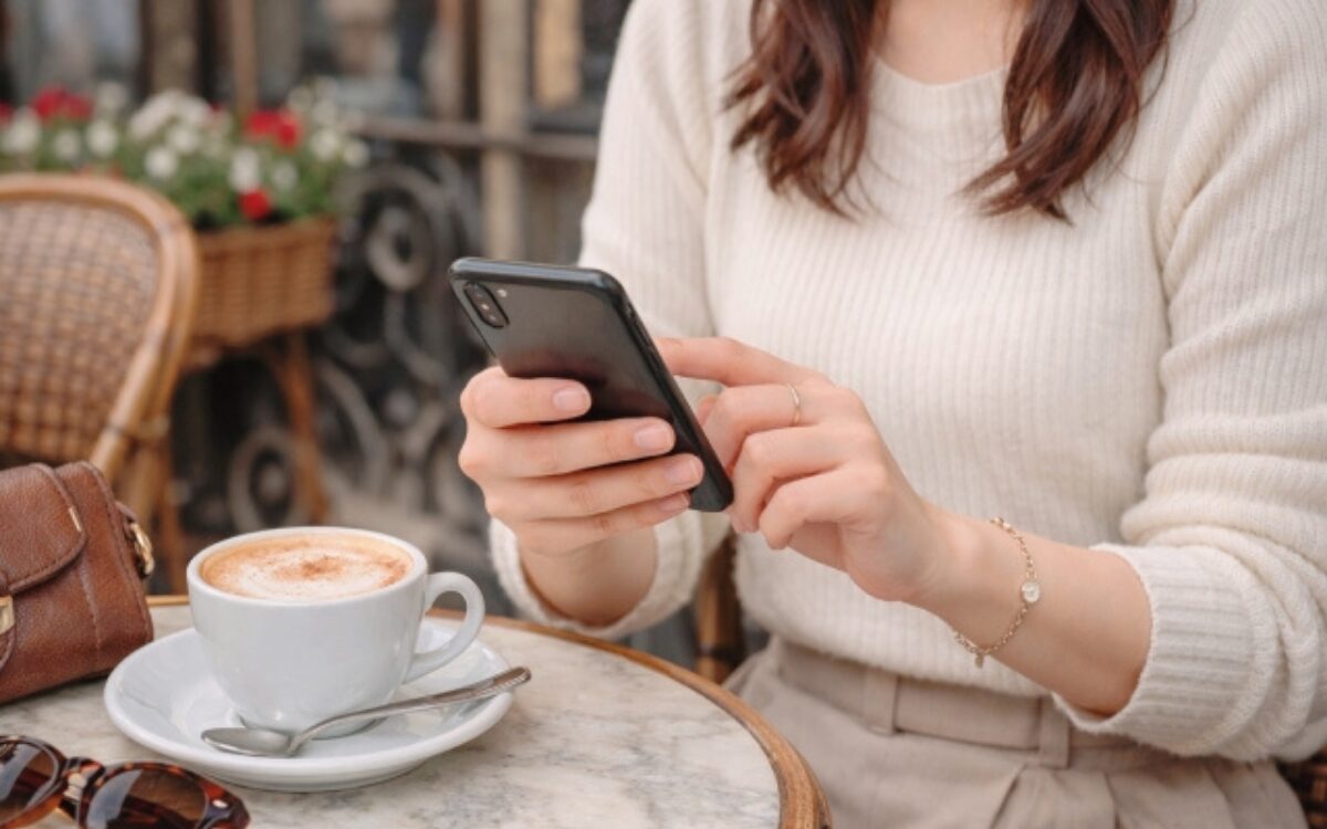 カフェでリラックスしながらマッチングアプリを操作する女性の手元