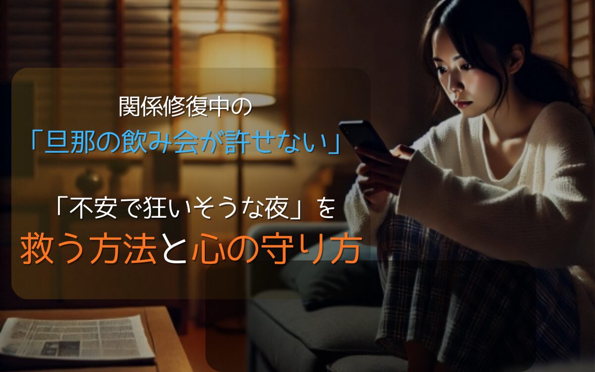 関係修復中に旦那の飲み会や外出が許せず、不安でスマホを握りしめる女性。GPSを安心の鍵に変える心の守り方。
