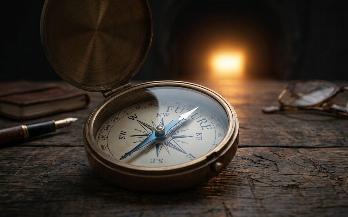 暗闇の中を照らすコンパス（羅針盤）と、その先にある小さな光の出口。