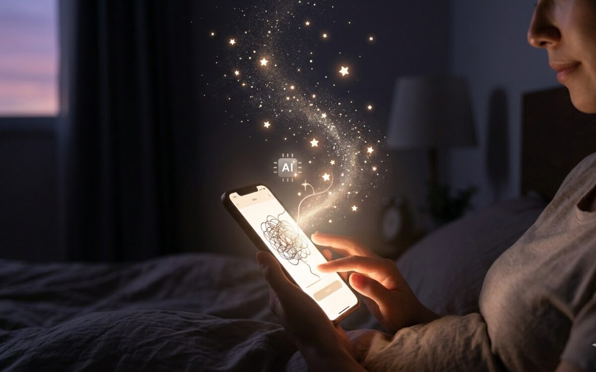 暗い夜に優しく光るスマートフォンの画面と、心のモヤモヤが整理されていくイメージ。