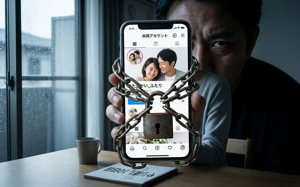 仲良さげなカップル写真が表示されたスマホが鎖で縛られ、共同アカウントが実際には妻を監視するための檻であることを表現したイメージ。