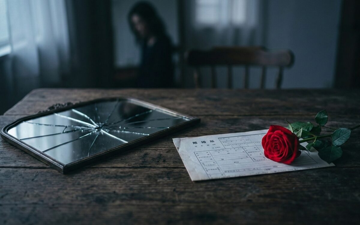 離婚届の横に置かれた赤いバラ。モラハラ男が見せる偽りの愛情表現