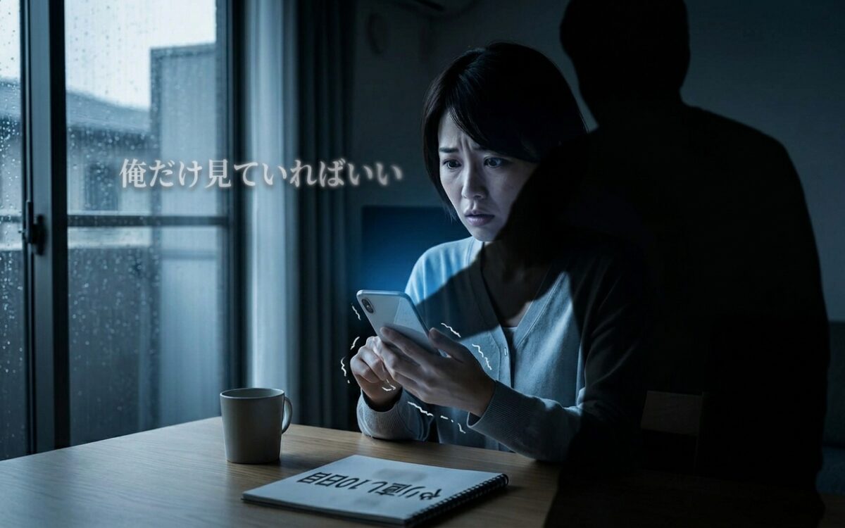 夫の大きな影が女性を覆い、友人や家族からの連絡(LINE)を遮断して、彼女を社会から完全に孤立させるイメージ。