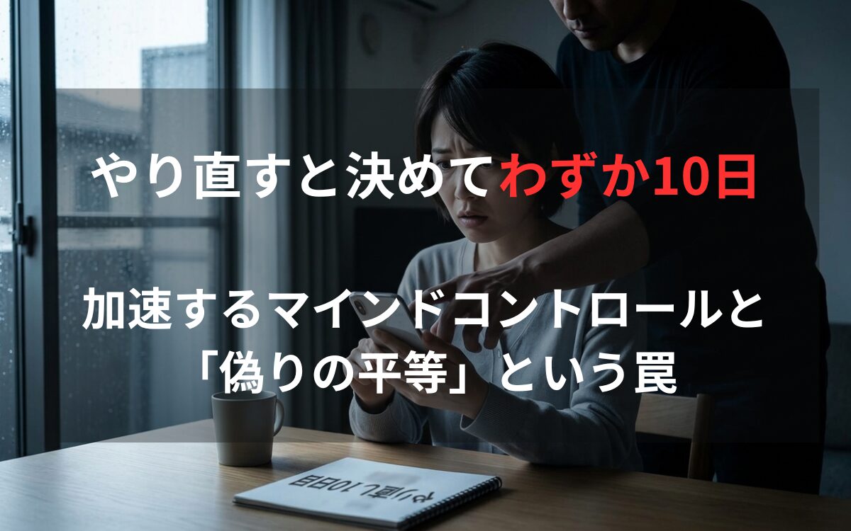 やり直しから10日、幸せな再出発のイメージが、夫の黒い手にスマホを握りつぶされることで絶望に変わるイメージ。