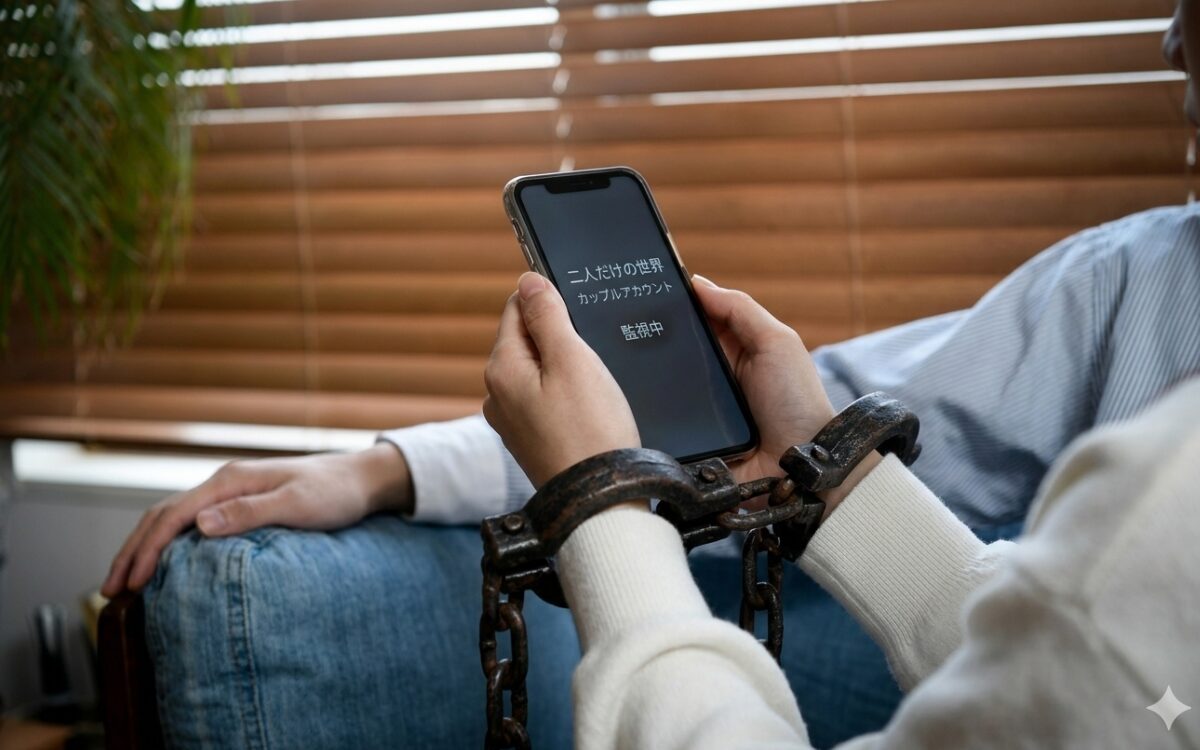スマホを持つ女性の手が鎖で縛られ、画面にはカップルアカウントが表示されている監視のイメージ