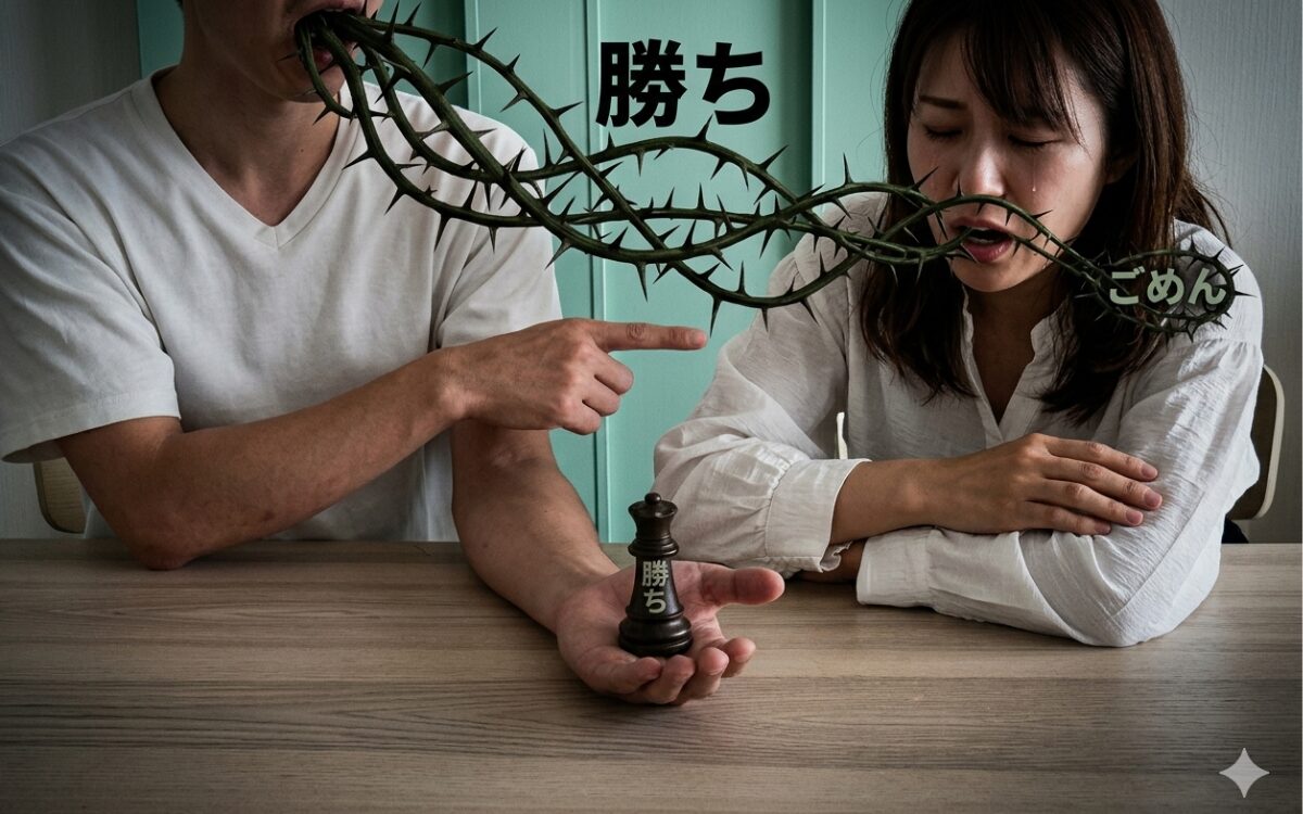 男性が勝ち駒を持ち、口からトゲが生えて女性の言葉を遮っている。謝罪を拒絶する支配のイメージ。