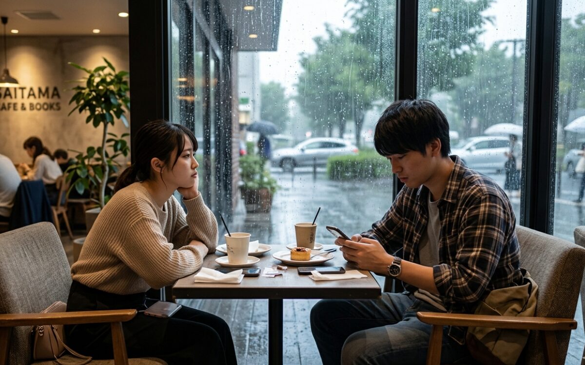梅雨時期にカフェでデートしているカップルはマンネリ化している様子